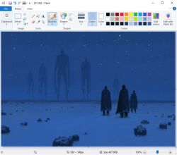 Rule 34 | 6+others, art program in frame, black cloak, blurry, christian young, cloak, commentary, creature, dark, depth of field, from behind, full body, giant, hood, hood down, horizon, microsoft paint (medium), microsoft paint (software), mini person, multiple others, night, night sky, original, outdoors, painterly, rock, scenery, screencap, sky, snow, standing, star (sky), starry sky, tundra