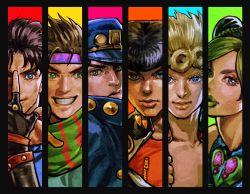 1girl 5boys bad_id bad_pixiv_id black_hair blonde_hair blue_eyes braid brown_hair bug butterfly column_lineup cut-in double_bun fingerless_gloves gakuran giorno_giovanna gloves green_eyes green_hair green_lips grin hair_bun hand_(symbol) hand_symbol hat headband heart higashikata_josuke insect jojo_no_kimyou_na_bouken jojo_pose jonathan_joestar jonathan_joestar&#039;s_pose_(jojo) joseph_joestar joseph_joestar_(young) kuujou_jolyne kuujou_joutarou lipstick makeup male_focus multicolored_hair multiple_boys peaked_cap pompadour purple_eyes scarf school_uniform smile striped_clothes striped_scarf teeth two-tone_hair ug_(ugg) vento_aureo victory_rolls zipper