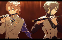 2boys albedo_(genshin_impact) black_hair black_shirt blonde_hair blue_eyes dizi facial_mark facing_to_the_side facing_viewer flute forehead_mark genshin_impact gnmakosn green_hair grey_shirt grey_vest highres holding holding_instrument instrument long_sleeves looking_at_viewer male_focus multicolored_hair multiple_boys shirt short_hair transverse_flute vest xiao_(genshin_impact) yellow_eyes