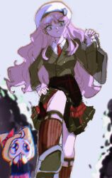 :o absurdres ahoge animal ankle_socks aqua_eyes belt beret black_belt black_eyes black_jacket black_shoes black_skirt blazer blue_sky bow briefcase bush buttons chinese_commentary clothed_animal collared_jacket collared_shirt commentary_request covering_own_mouth day ear_covers foot_up frilled_skirt frills hand_on_own_hip hat hat_bow highres holding holding_briefcase hood hood_up infinity_nikki jacket lapels layered_sleeves leg_belt long_hair long_sleeves looking_at_another miniskirt momo_(nikki) nikki_(series) notched_lapels outdoors pink_hair pink_skirt plaid_clothes plaid_skirt pleading_eyes red_bow red_skirt red_socks ribbed_socks scared school_uniform sen6776221 shirt shoes sidelocks skirt sky slit_pupils socks striped_clothes striped_socks two-tone_skirt vertical-striped_clothes vertical-striped_socks wavy_hair white_hat white_shirt yellow_hood