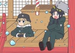 2girls absurdres black_gloves black_hair blonde_hair blue_eyes blush box brown_shoes chito_(shoujo_shuumatsu_ryokou) closed_mouth coat combat_helmet commentary donation_box empty_eyes english_commentary expressionless full_body gloves green_coat green_pants grey_eyes helmet highres long_hair low_twintails military_uniform multiple_girls mushroomsucy nichijou open_mouth pants rain rope shimenawa shoes shouji shoujo_shuumatsu_ryokou shrine sitting sliding_doors twintails yuuri_(shoujo_shuumatsu_ryokou)