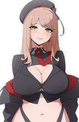 1girl absurdres black_jacket breasts brown_eyes brown_hair cleavage commentary crop_top cropped_jacket daydarion earrings emma_(nikke) emma_(tactical_upgrade)_(nikke) english_commentary goddess_of_victory:_nikke highres jacket jewelry large_breasts long_hair looking_at_viewer navel simple_background solo white_background