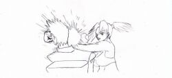 1boy 1girl boxing_gloves breasts large_breasts monochrome restrained sketch tagme
