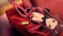 1girl 3d artist_request biker_clothes bikesuit blush bodysuit breasts brown_eyes cellphone cleavage curvy gloves highres izayoi_aki large_breasts long_hair looking_at_viewer lying no_bra open_bodysuit open_clothes phone red_hair shiny_clothes shiny_skin sideboob sitting solo thighs yu-gi-oh! yu-gi-oh!_5d&#039;s zipper