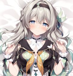 Rule 34 | 1girl, aqua dress, bed sheet, blue pupils, blue ribbon, blush, breasts, brown hairband, cleavage, closed mouth, collar, collared dress, cropped jacket, dress, firefly (honkai: star rail), frilled wrist cuffs, frills, gradient hair, grey hair, hair between eyes, hair intakes, hair ornament, hair ribbon, hair tubes, hairband, highres, honkai: star rail, honkai (series), karoryyyyy, large breasts, lying, multicolored hair, neckerchief, on back, orange neckerchief, ribbon, smile, solo, twitter username, white collar, white wrist cuffs, wrist cuffs