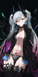 1girl absurdres black_gloves black_horns black_jacket black_panties black_thighhighs breasts commentary_request elbow_gloves fate/grand_order fate_(series) gloves green_eyes grey_hair highres horns jacket lilith_(fate) lilith_(second_ascension)_(fate) long_hair medium_breasts navel open_clothes open_jacket panties pointy_ears solo stomach sukaliya thighhighs twintails underwear uterus very_long_hair