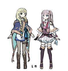 Rule 34 | 2girls, adapted costume, alternate costume, atelier (series), atelier lulua, black footwear, black gloves, black pantyhose, blonde hair, blue cape, blue eyes, blue ribbon, boots, braid, cape, capelet, circlet, closed mouth, commentary request, dress, elmerulia frixell, flat color, frilled capelet, frills, full body, gloves, karasumi (aiseec), knee boots, long hair, looking at viewer, multiple girls, pantyhose, piana (atelier), pleated skirt, ponytail, ribbon, sash, sidelocks, simple background, skirt, smile, standing, thigh strap, translation request, twin braids, white background, white capelet, white dress, white skirt