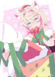 1girl :t absurdres animal_ear_fluff animal_ears bandaid bandaid_hair_ornament belt black_belt blonde_hair blue_eyes blush boots bound bound_wrists christmas commentary_request crossed_bangs dog_ears dog_girl dog_tail double-parted_bangs dress feet_out_of_frame fur-trimmed_boots fur-trimmed_dress fur_trim hair_between_eyes hair_intakes hair_ornament hairband hat highres hinata_hirune hololive hololive_christmas_outfit hololive_english horn_hairband looking_at_viewer mococo_abyssgard multicolored_hair off-shoulder_dress off_shoulder official_alternate_costume pink_hair pink_hairband pout red_dress red_hat red_thighhighs ribbon ribbon_bondage santa_costume santa_dress santa_hat short_dress short_hair signature snowflake_background solo streaked_hair tail thighhighs two_side_up virtual_youtuber white_boots x_hair_ornament