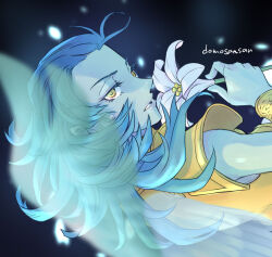 1girl angel angel_wings armor blue_hair blue_skin colored_skin cross cross_earrings earrings eyelashes flower gabriel_(megami_tensei) gold_armor hair_slicked_back holding holding_flower jewelry latin_cross long_hair parted_lips shin_megami_tensei shinabita_nasubi solo white_flower wings yellow_eyes