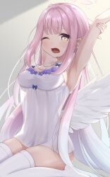1girl absurdres alternate_costume angel_wings arm_up armpits backlighting blue_archive blue_bow blue_hair blunt_bangs blush bow bow_camisole breasts camisole collarbone commentary covered_erect_nipples feathered_wings gradient_hair hair_down halo highres long_hair looking_at_viewer low_wings medium_breasts mika_(blue_archive) multicolored_hair no_shoes one_eye_closed open_mouth panda_90321 pink_hair pink_halo see-through_camisole see-through_clothes shirt simple_background sitting skindentation sleepwear solo spaghetti_strap stretching thighhighs thighs three_quarter_view very_long_hair waking_up wariza white_camisole white_thighhighs white_wings wings yawning yellow_eyes
