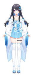Rule 34 | 1girl, black hair, blue hair, blue shoes, blue skirt, breasts, chitetan, cleavage, closed mouth, collarbone, commentary request, copyright request, japanese clothes, kimono, layered skirt, light smile, long hair, long sleeves, looking at viewer, medium breasts, multicolored hair, obi, off shoulder, pleated skirt, purple eyes, sash, shoes, simple background, skindentation, skirt, sleeves past wrists, solo, thigh strap, thighhighs, two-tone hair, very long hair, virtual youtuber, white background, white kimono, white skirt, white thighhighs, wide sleeves
