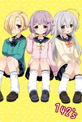 3girls ahoge black_sailor_collar black_shoes blonde_hair blush bow braid brown_eyes cardigan commentary earclip grey_hair hair_between_eyes hair_flaps hair_ornament hair_over_one_eye hairclip hoshi_syoko idolmaster idolmaster_cinderella_girls kawaii_boku_to_142&#039;s_(idolmaster) koshimizu_sachiko leg_warmers loafers long_hair multiple_girls pleated_skirt purple_hair rikaon sailor_collar shirasaka_koume shoes short_hair side_braid sitting skirt sleeves_past_wrists smile white_leg_warmers yellow_background