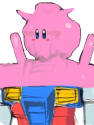 alien blue_eyes blush crossover dakusuta gundam highres kirby kirby_(series) kirby_and_the_forgotten_land mecha meme mobile_suit_gundam mouthful_mode nintendo no_humans parody portrait robot rx-78-2_gundam science_fiction sketch solo v-fin vore white_background