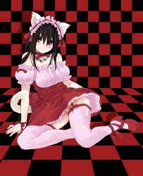 00s 1girl animal_ears bell black_hair blush cat_ears cat_tail checkered_floor choker collar dress ekra female_focus garter_belt garter_straps hairband jingle_bell komori_kiri lolita_fashion lolita_hairband long_hair neck_bell panties pantyshot pink_thighhighs red_eyes ribbon ribbon_choker sayonara_zetsubou_sensei sitting solo tail tail_ornament tail_ribbon thighhighs underwear upskirt yokozuwari zettai_ryouiki
