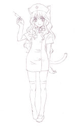 1girl animal_ears bell cat_ears cat_tail collar female_focus greyscale mary_janes monochrome nurse nyaou shoes solo syringe tail thighhighs
