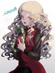 Rule 34 | 1girl, absurdres, brown hair, dress, eyelashes, gnosia, hair between eyes, highres, kukrushka (gnosia), long hair, long sleeves, looking at viewer, lugh, shirt, simple background, smile, solo, upper body, wavy hair