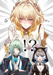 !? 1boy 2girls aglaea_(honkai:_star_rail) anaxa_(honkai:_star_rail) ancient_greek_clothes animal_ear_fluff animal_ears animal_hood black_coat black_hood blonde_hair blue_eyes blush breasts cat_ears cat_girl cat_hood cipher_(honkai:_star_rail) cleavage coat commentary_request crossed_arms dress eyepatch greco-roman_clothes green_eyes green_hair grey_hair highres honkai:_star_rail honkai_(series) hood large_breasts laurel_crown mole mole_on_breast multiple_girls short_hair t_ei_to translation_request white_dress