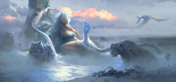 1girl absurdres animal bird breasts chinese_commentary closed_eyes cloud cloudy_sky commentary_request dress fog highres jewelry leo-dont-want-to-be-a-painter long_hair mountain necklace original outdoors parted_lips production_art sitting sky small_breasts snow solo tiara tiger water white_dress white_hair white_tiger