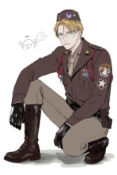 Rule 34 | 1boy, ahoge, america (hetalia), angel wings, animal print, axis powers hetalia, baggy pants, belt, bird print, black-framed eyewear, black belt, black gloves, blonde hair, blue eyes, boots, breast pocket, brown boots, brown hat, brown jacket, brown shirt, closed mouth, collared shirt, commentary request, glasses, gloves, grey necktie, grey pants, halo, hat, hat ornament, highres, huacai, jacket, lapels, leather, leather gloves, lips, long sleeves, looking at viewer, male focus, military, military hat, military jacket, military uniform, mini hat, necktie, on one knee, pants, pocket, semi-rimless eyewear, shadow, shirt, short hair, simple background, smile, solo, star (symbol), star hat ornament, star print, white background, wings