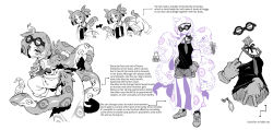 1girl bags_under_eyes beaker reference_sheet condom english_text evil_smile female_focus ghatanothoa_(kaiju_girls) goggles goggles_on_head greyscale grin hatching hatching_(texture) highres invisible kaiju_girls karasu_raven lab_coat linear_hatching long_sleeves monochrome monster_girl mouth_hold necktie pulling_own_clothes second-party_source short_shorts shorts sleeves_past_wrists smile solo spot_color suction_cups tentacle_hair tentacles used_condom