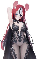 1girl absurdres animal_ears black_cloak blue_eyes blush breasts chronopattern_dress cloak dress hakos_baelz highres hololive hololive_english holopromise large_breasts long_hair looking_at_viewer meme_attire mouse_ears mouse_girl multicolored_hair red_hair simple_background sleeveless sleeveless_dress solo streaked_hair sui1k0 virtual_youtuber white_background
