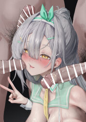 Rule 34 | 1girl, 3boys, anno unun, bar censor, black background, blush, breasts, censored, cheek press, detached collar, erection, gangbang, grey hair, group sex, hair between eyes, hair ornament, hairband, hairclip, hetero, highres, large breasts, long hair, male pubic hair, multiple boys, necktie, original, penis, penis on face, ponytail, pubic hair, solo focus, stray pubic hair, surrounded by penises, sweat, v, veins, wrist cuffs, yellow eyes, yellow necktie