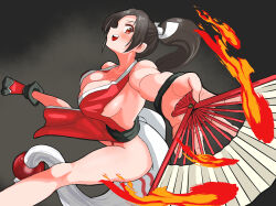 1girl absurdres breasts cleavage fatal_fury fire hand_fan highres large_breasts long_hair shiranui_mai sideboob snk the_king_of_fighters