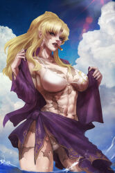 1girl abs absurdres balalaika_(black_lagoon) bikini black_lagoon blonde_hair blue_eyes breasts cigarette cleavage cloud cloudy_sky commentary english_commentary highres large_breasts looking_at_viewer mature_female mole mole_under_eye monori_rogue mouth_hold navel ocean outdoors ponytail scar scar_on_arm scar_on_breasts scar_on_chest scar_on_face scar_on_hip scar_on_leg scar_on_neck sidelocks sky smoking solo sunlight swimsuit toned toned_female water white_bikini