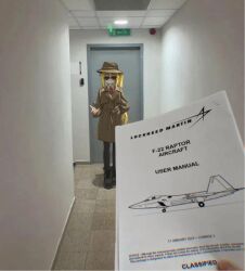 Rule 34 | 2girls, alternate costume, black pantyhose, blonde hair, bocchi the rock!, boots, brown coat, brown hat, buttons, ceiling, ceiling light, chromatic aberration, closed mouth, coat, collared shirt, commentary, door, f-22 raptor, hallway, hand in pocket, hat, highres, holding, holding paper, ijichi nijika, long hair, long sleeves, manual, multiple girls, myvia mokols, necktie, pantyhose, paper, red necktie, shirt, standing, sunglasses, tile floor, tiles