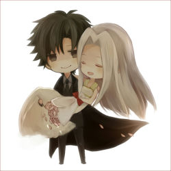 Rule 34 | 1boy, 1girl, bad id, bad pixiv id, black eyes, black hair, bouquet, carrying, chibi, couple, dress, emiya kiritsugu, eve (meltdown), fate/zero, fate (series), flower, hetero, husband and wife, irisviel von einzbern, irisviel von einzbern (angel&#039;s song), long hair, princess carry, white hair