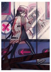 2girls ahoge arrow_(symbol) black-framed_eyewear black_dress border caution_tape cellphone closed_mouth danganronpa_(series) danganronpa_another_episode:_ultra_despair_girls different_reflection dress dual_persona eyelashes eyewear_on_head fingernails from_side fukawa_toko genocider_shou hair_ornament hairclip hand_in_pocket heart highres holding holding_phone holding_scissors holding_weapon jacket long_hair long_tongue messy_hair mole mole_under_mouth multiple_girls naegi_komaru non-web_source open_clothes open_jacket open_mouth phone purple_eyes purple_hair red_eyes reflection remonoart round_eyewear scissors sign smartphone smile spoken_character teeth tongue tongue_out traffic_cone upper_teeth_only weapon white_border white_jacket window x