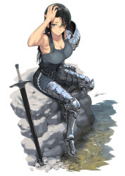 1girl armor black_hair blue_eyes breasts cleavage female_focus full_body highres large_breasts long_hair original shield sitting solo warrior weapon