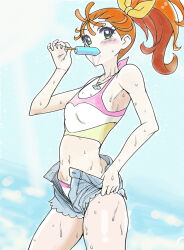 1girl adjusting_clothes adjusting_shorts bikini bikini_under_clothes blue_shorts blue_sky brown_hair commentary cowboy_shot day denim denim_shorts food food_in_mouth green_eyes hair_pulled_back hair_ribbon hot jewelry looking_at_viewer multicolored_bikini natsuumi_manatsu navel necklace open_clothes open_shorts outdoors popsicle popsicle_in_mouth precure ribbon shell shell_necklace short_shorts shorts side_ponytail sky solo standing sweat swimsuit tcade_rx1220 tropical-rouge!_precure very_sweaty yellow_ribbon