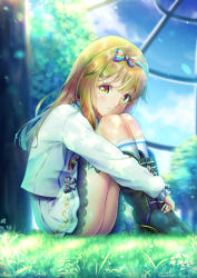 Rule 34 | 1boy, androgynous, bare legs, blonde hair, blue sky, bracelet, dress, fetal position, fingernails, frills, grass, hair ornament, hairclip, hat, highres, jewelry, leg tattoo, looking at viewer, natsusora wakana, novady, open mouth, original, ribbon, ring, shiny skin, sitting, sky, solo, tattoo, trap, tree, window, yellow eyes