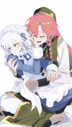 2girls absurdres apron blue_dress blue_eyes blush braid closed_mouth commentary dress green_dress green_hat hand_on_another&#039;s_shoulder hand_on_another&#039;s_waist hat highres hong_meiling izayoi_sakuya juliet_sleeves long_hair long_sleeves maid maid_apron maid_headdress multiple_girls one_eye_closed open_mouth pants puffy_sleeves red_hair shirt side_braid simple_background sitting sitting_on_lap sitting_on_person smile touhou white_apron white_background white_headdress white_pants white_shirt ydpfa yuri