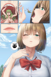 2girls barefoot brown_eyes brown_hair death giant giantess green_eyes green_hair highres kuroihassan lips multiple_girls nude original skull tagme vore