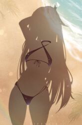 1girl absurdres beach bikini black_bikini dressed_shadow_(meme) highres hololive hololive_english implied_nudity koseki_bijou long_hair meme ocean sand shadow side-tie_bikini_bottom solo swimsuit tiffichka virtual_youtuber water