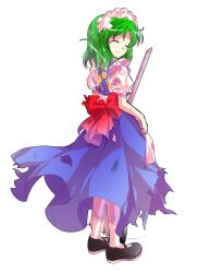 1girl alphes_(style) android apron back back_bow black_shoes blue_dress bow commentary_request dairi defeat dress frilled_sleeves frills full_body green_hair holding large_variant_set maid maid_apron maid_headdress mary_janes mop parody parted_bangs puffy_short_sleeves puffy_sleeves red_bow ruukoto shoes short_hair short_sleeves socks solo style_parody tachi-e torn_clothes touhou touhou_(pc-98) transparent_background variant_set waist_apron white_apron white_socks