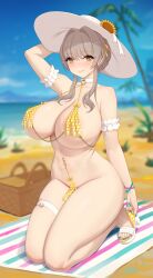 1girl absurdres areola_slip arm_garter arm_up bare_shoulders beach beach_mat bikini bikini_top_only blue_nails blue_sky blurry blurry_background blush bracelet braid breasts brown_eyes brown_hair choker closed_mouth commentary day english_commentary feet fingernails flower hair_between_eyes hair_intakes hair_ornament hat hat_flower high_heel_sandals highres jewelry kneeling large_breasts long_fingernails looking_at_viewer nail_polish navel navel_piercing nipple_chain nipple_piercing o-ring ocean original outdoors palm_tree picnic_basket piercing polka_dot polka_dot_bikini rekaerb_maerd sandals shore sky smile solo split_mouth sun_hat sunflower swimsuit thigh_strap thighs toenail_polish toenails toes tree white_choker white_hat yellow_bikini