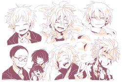 Rule 34 | 2girls, 6+boys, atou haruki, blood, blood from mouth, blood on face, closed eyes, closed mouth, collared shirt, commentary request, fur-trimmed jacket, fur trim, glasses, hand on own chest, high collar, highres, isoi reiji, jabuchi you, jacket, kanou aogu, kumazaki karen, kurachi terumi, long sleeves, mature male, medium hair, monochrome, multiple boys, multiple girls, murji1996, necktie, open clothes, open jacket, open mouth, round eyewear, saibou shinkyoku, shinano eiji, shirt, short hair, simple background, smile, sweater, turtleneck, turtleneck sweater, v, white background, white blood cell (hataraku saibou), yanagi nina