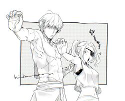 Rule 34 | 1boy, 1girl, abs, cropped shirt, eyepatch, franken stein (soul eater), greyscale, height difference, highres, hissiu, long hair, looking at viewer, marie mjolnir, midriff, monochrome, navel, object through head, open mouth, outstretched arm, pants, ponytail, ribs, screw in head, shirt, short hair, simple background, sleeveless, sleeveless shirt, soul eater, stitched chest, stitched face, stitched torso, stitches, topless male, white shirt