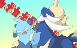armor blue_hair blush closed_mouth dewott evolutionary_line fangs gen_5_pokemon nintendo open_mouth orange_eyes pokemon pokemon_(creature) red_eyes samurott seashell shell spikes