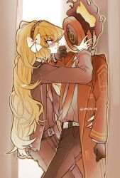1girl 1other blush clock coat dante_(limbus_company) fire flaming_head freckles highres ishmael_(project_moon) limbus_company long_hair necktie object_head orange_hair other_with_female project_moon red_coat red_necktie vmein_46