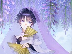 Rule 34 | 1boy, armor, black hair, blunt ends, clothing cutout, crying, crying with eyes open, eyeliner, eyeshadow, falling petals, folding fan, fuli (narumiyafuri), genshin impact, hand fan, head tilt, holding, holding fan, japanese armor, japanese clothes, kariginu, kote, kurokote, layered sleeves, long sleeves, looking to the side, makeup, male focus, parted lips, petals, plant, purple eyes, purple petals, purple sleeves, purple veil, red eyeliner, red eyeshadow, scaramouche (genshin impact), scaramouche (kabukimono) (genshin impact), see-through clothes, see-through veil, shoulder cutout, solo, tears, tsurime, twitter username, upper body, veil, white mouth, white sleeves, wide sleeves, wispy bangs