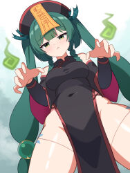 1girl :&lt; absurdres alternate_costume android bare_shoulders beads black_dress blue_komett braid braided_sidelock breasts china_dress chinese_clothes closed_mouth covered_navel cowboy_shot detached_sleeves dress dutch_angle gradient_background green_eyes green_hair green_ribbon grey_background hair_beads hair_ornament hair_ribbon hat hat_ornament highres jiangshi jiangshi_costume long_hair looking_at_viewer medium_breasts ofuda pelvic_curtain qingdai_guanmao qingyi_(zenless_zone_zero) ribbon side_braids side_slit simple_background sleeveless sleeveless_dress solo talisman thighs tsurime twintails white_background zenless_zone_zero