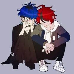 Rule 34 | 2boys, ahoge, black hair, black pants, blue hair, closed eyes, closed mouth, collar, collarbone, drawstring, drooling, earrings, full body, grey background, grey eyes, hair between eyes, japanese clothes, jewelry, long sleeves, male focus, messy hair, multicolored hair, multiple boys, omokage yugamu, open mouth, pants, red hair, saliva, shirt, simple background, sitting, sleeping, streaked hair, the hundred line -last defense academy-, white shirt, yaoi