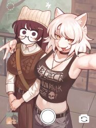 2girls :p absurdres animal_ear_fluff animal_ears bakeneko belt black_belt black_choker black_hair black_hanekawa black_nails black_sleeves bracelet breasts bright_pupils brown_sweater_vest cat_ears cat_girl choker closed_mouth collared_shirt commentary crop_top cross cross_necklace day detached_sleeves dual_persona glasses hanekawa_tsubasa hat highres jewelry kiwsos large_breasts latin_cross long_hair long_sleeves medium_hair midriff monogatari_(series) multiple_girls nail_polish necklace no_mouth outdoors purple_eyes railing selfie shirt skirt smile sweater_vest tongue tongue_out viewfinder white_hair white_pupils white_shirt yellow_eyes