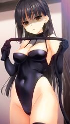 1girl alternate_costume armpit_crease bare_shoulders black_gloves black_hair black_leotard breasts cafe_stella_to_shinigami_no_chou cleavage commentary covered_navel cowboy_shot curvy d: disgust dominatrix earrings elbow_gloves empty_eyes eyelashes eyes_visible_through_hair gloves groin hair_behind_ear hair_between_eyes half_updo hands_up highleg highleg_leotard highres holding holding_whip indoors irori_(irorixc) jewelry leotard long_hair looking_at_viewer medium_breasts mole mole_under_eye open_mouth raised_eyebrows shaded_face shiki_natsume skindentation solo straight_hair stud_earrings tsurime very_long_hair w_arms yellow_eyes