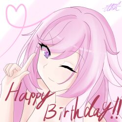 1girl ;) absurdres artist_name breasts commentary_request diamond-shaped_pupils diamond_(shape) elysia_(herrscher_of_human:_ego)_(honkai_impact) elysia_(honkai_impact) happy_birthday heart highres honkai_(series) honkai_impact_3rd long_hair one_eye_closed pink_hair purple_eyes simple_background smile solo symbol-shaped_pupils thor_gdgd upper_body white_background