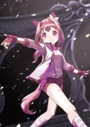 1girl absurdres animal_ears bandaid bandaid_on_leg blurry blurry_background bow buruma commentary_request confetti dancing depth_of_field ear_bow feet_out_of_frame fingerless_gloves flower-shaped_pupils gloves gym_shirt gym_uniform hair_intakes hairband haru_urara_(umamusume) highres horse_ears horse_girl horse_tail jacket long_hair moko39_takasora open_clothes open_jacket pink_hair ponytail purple_eyes red_buruma red_gloves red_hairband shirt smile socks solo striped_clothes striped_socks symbol-shaped_pupils tail umamusume white_bow white_jacket white_shirt